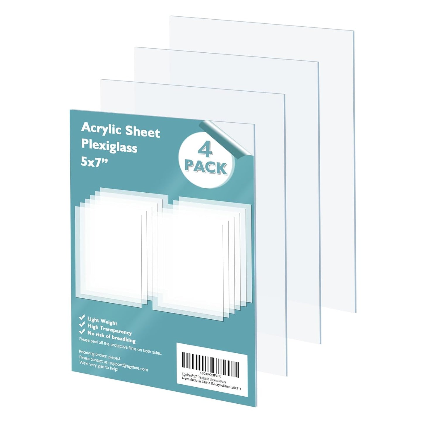 Egofine Plexiglass Sheets Acrylic Sheets 4 Pack of 5x7’’ 0.04 Thick Clear Plastic Cast Transparent Plexi Glass for Crafting Projects, Replacement Picture Frame Glass, DIY Display, Easy to Cut