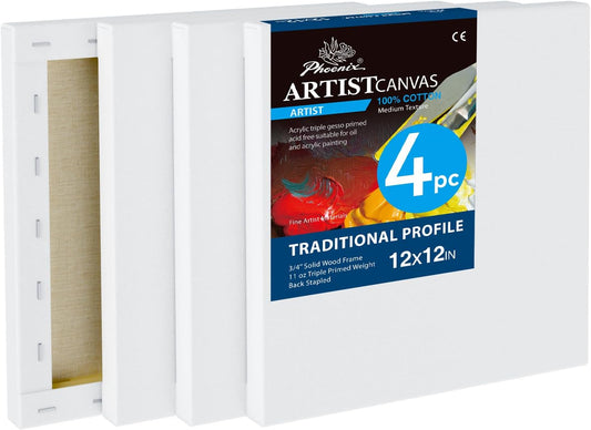 PHOENIX 12x12 Inch 4 Pack Artist Canvas - Square Stretched Canvases for Painting - 3/4 Inch Profile, 100% Cotton 11 Oz. Gesso Primed White Blank Professional Canvas Oil & Acrylic Paints