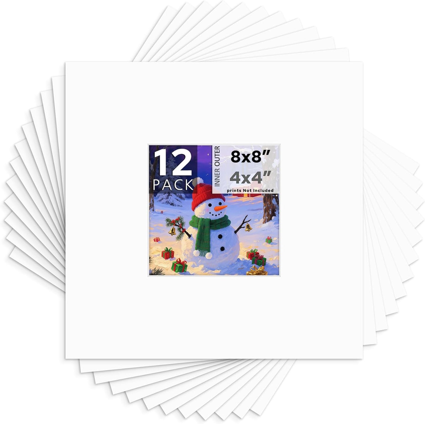 Mat Board Center, 8x8 White Mats for 4x4 Pictures - Acid Free, 4-ply Thickness, White Core, Bevel Cut - for Artworks, Photos, Framing - Pack of 12