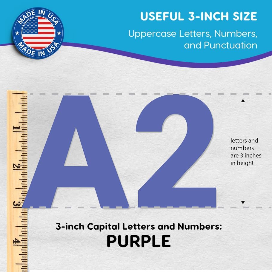 209 Pcs 3" Purple Bulletin Board Letters & Numbers, Capital Letters, Numbers, Punctuation, US Made Card Stock Punch Out Letters for Poster, Bulletin Board, Classroom - Precut Letters & Numbers