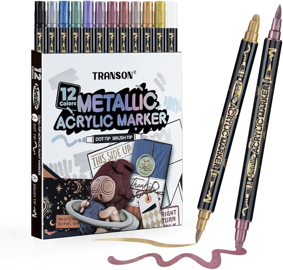 TRANSON 12Colors Metallic Paint Markers Bold and Brush Dual-tip for Rock Wood Ceramic Canvas DIY Painting Drawing