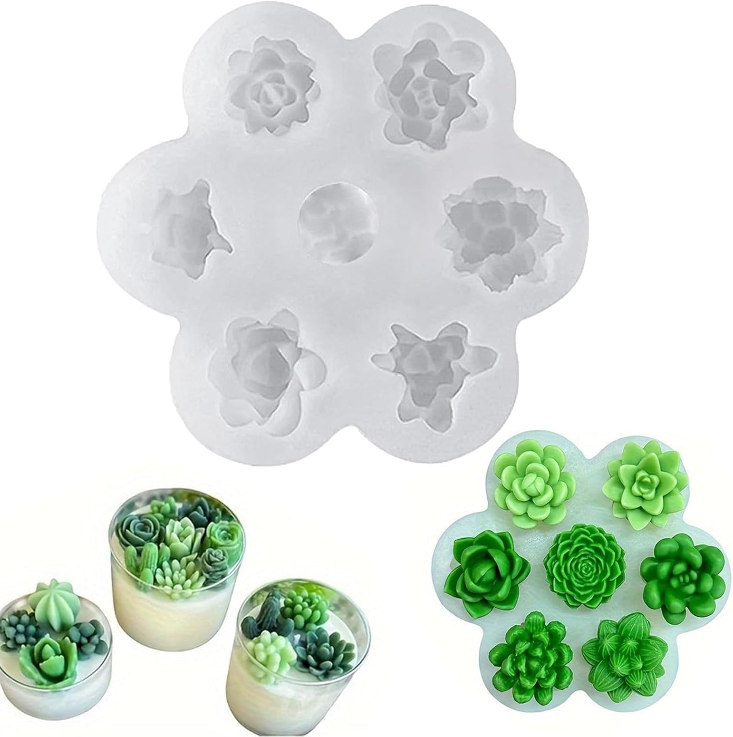 7 Cavity Succulent Silicone Mold for Candle Making,3D Silicone Cactus Succulents Leaves Candle Molds,Succulent Fondant Resin Molds for Candle Soaps Making, Wax Resin Casting,Cupcake