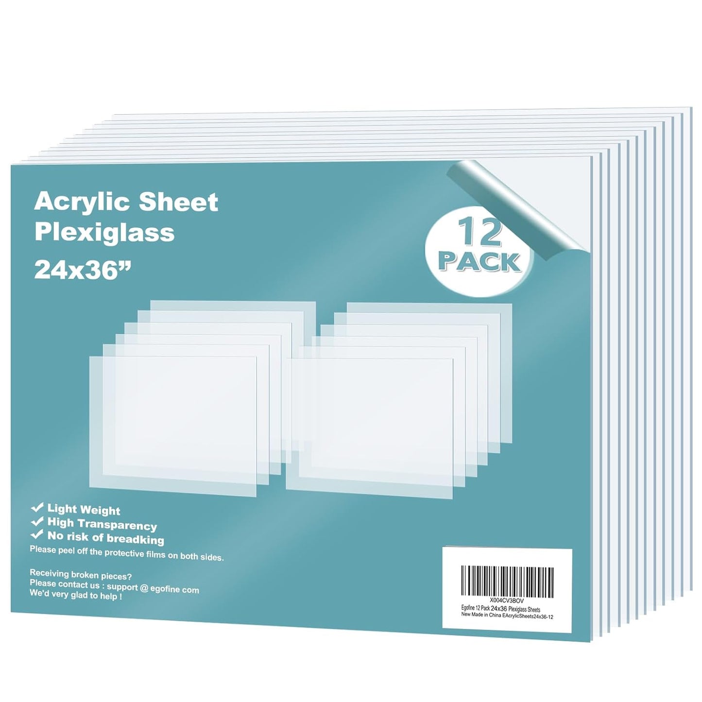 Egofine Plexiglass Sheets Acrylic Sheets 12 Pack of 24x36’’ 0.04 Thick Clear Plastic Cast Transparent Plexi Glass for Crafting Projects, Replacement Picture Frame Glass, DIY Display, Easy to Cut