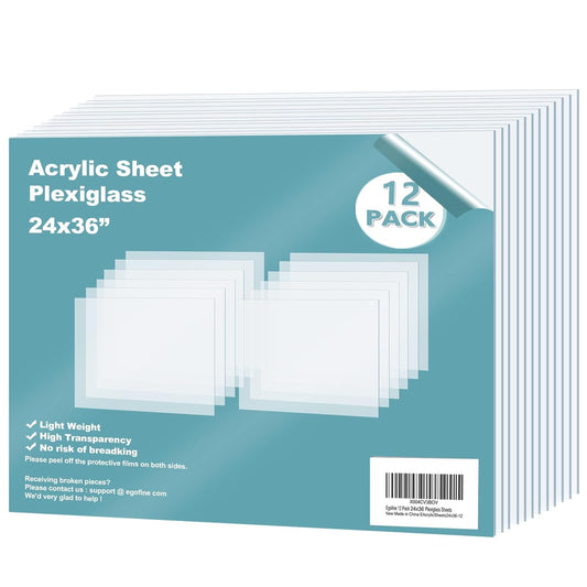 Egofine Plexiglass Sheets Acrylic Sheets 12 Pack of 24x36’’ 0.04 Thick Clear Plastic Cast Transparent Plexi Glass for Crafting Projects, Replacement Picture Frame Glass, DIY Display, Easy to Cut