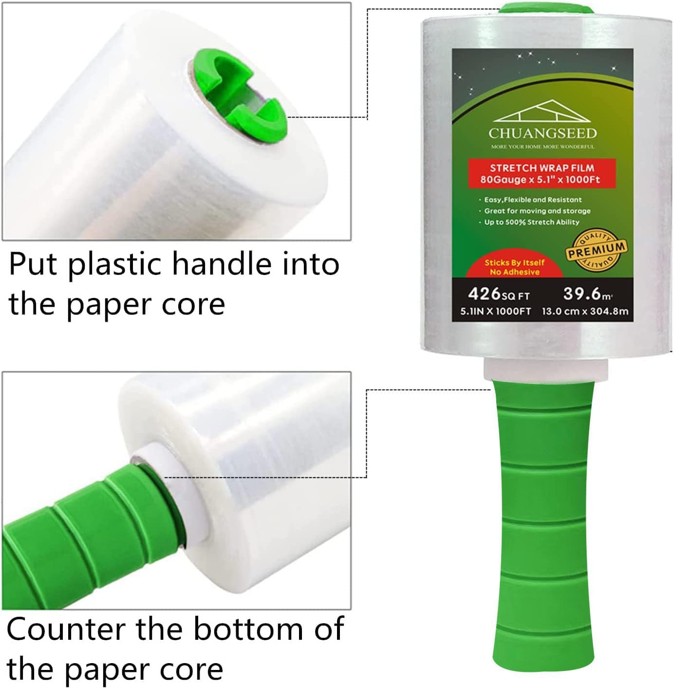 2-Pack Industrial Mini Clear Stretch Wrap Film 80 Gauge 5.1" 1000ft for Pallet Wrap with Plastic Handle,Durable Self-Adhering Packing,Moving,Packaging,Heavy Duty Shrink Film Chuangseed