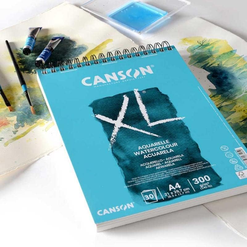 CANSON XL Watercolour 300gsm A4 Paper, Cold Pressed, Spiral Pad Short Side, 30 White Sheets, Ideal for Professional Artists