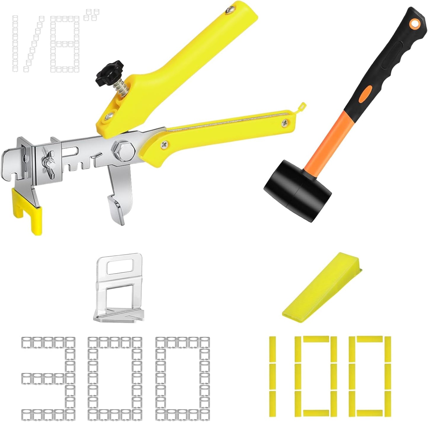 Storystore Tile Leveling System with Tile Pliers and Hammer - 300 Piece Tile Spacers Clips and 100 Piece Reusable Wedges, 1/8 Inch Tile Installation Tools Kit