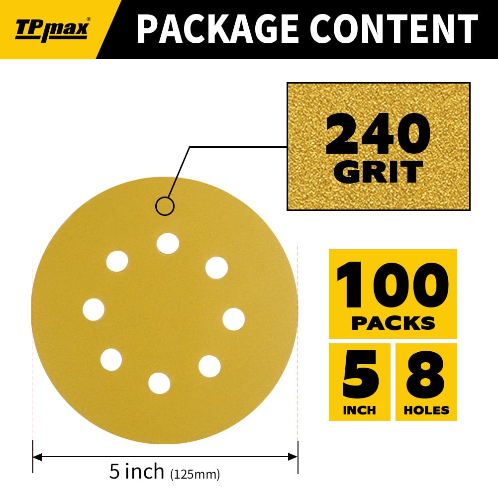 100PCS 5 Inch 240 Grit 125mm 8 Hole Sanding Discs Sandpaper - Premium Gold Round Hook and Loop for Random Orbital Sander - Ideal for Wood, Metal, Automotive