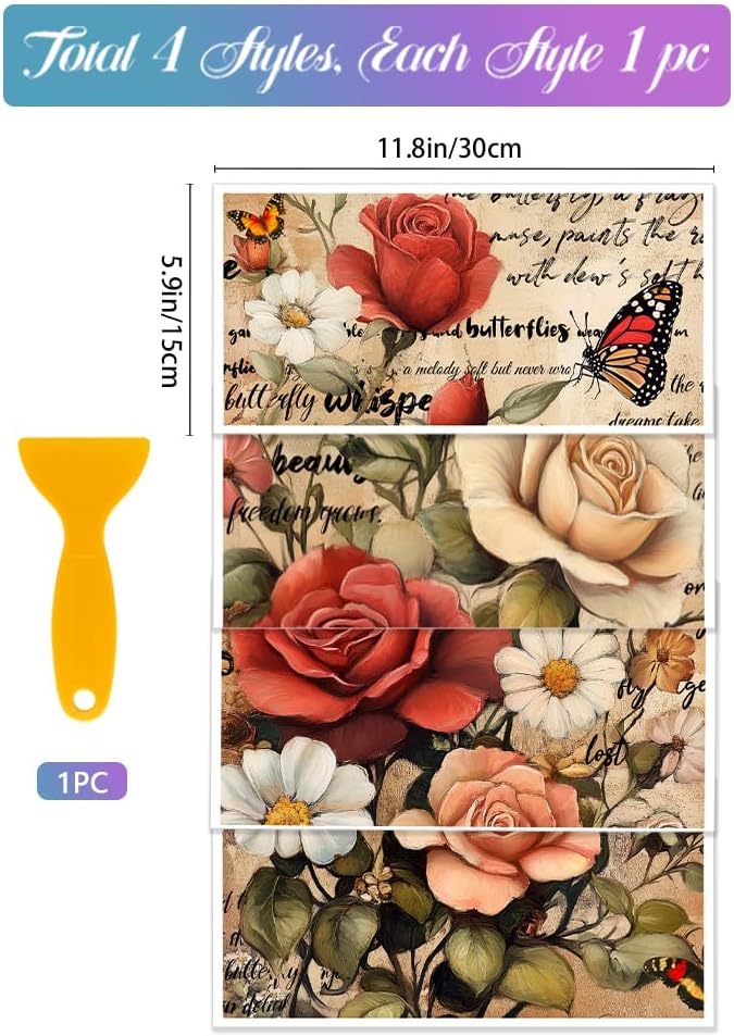 GLOBLELAND 4 Sheets Vintage Flowers Rub on Transfers Rose and Daisy Furniture Decor Transfers Sticker UV Transfers Decal Craft for Bedroom Living Room Desk Table Decoration