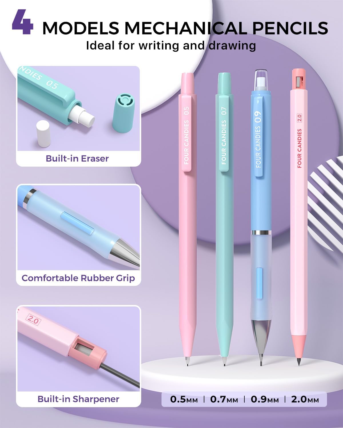 Four Candies 36PCS Aesthetic School Supplies, Mechanical Pencils 0.5mm, 0.7mm, 0.9mm & 2.0mm with 624PCS Lead Refills, Cute Mechanical Pencils for Writing, Drawing & Drafting (Pink)