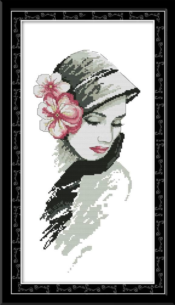 Threadhaven Cross-Stitch Kit 14CT Aida Counted Embroidery Complete Set with Fabric, Threads-Premium Beautiful Girls Design for Adults & Beginners- A Beautiful Woman Wearing Flowers 10.6''×18.5''