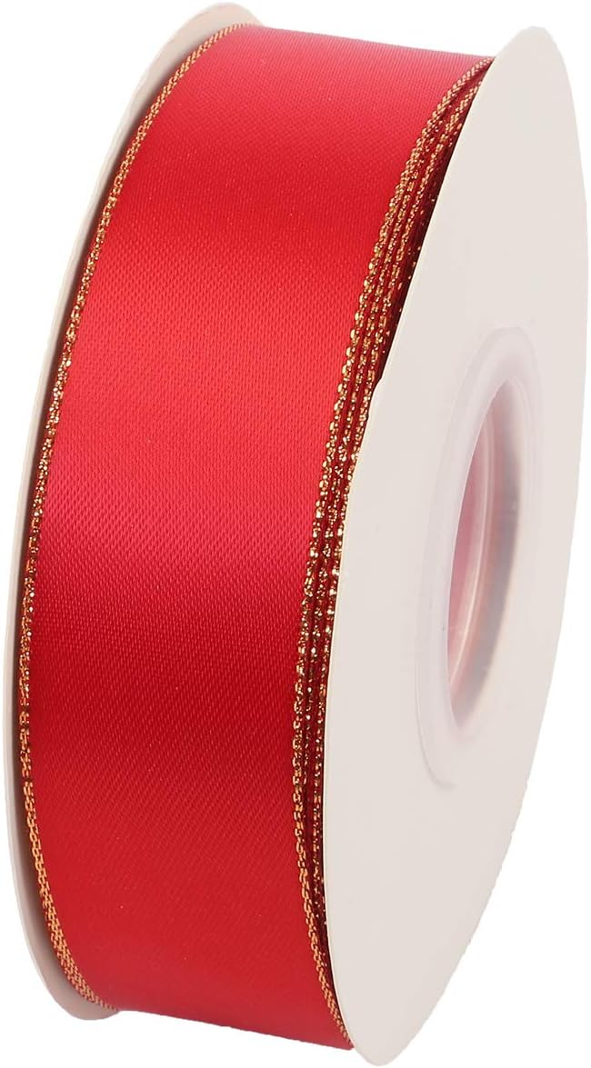 ITIsparkle 1" Inch Double Faced Satin Ribbon 25 Yards with Gold Edges, 1" X 25Yd - Red