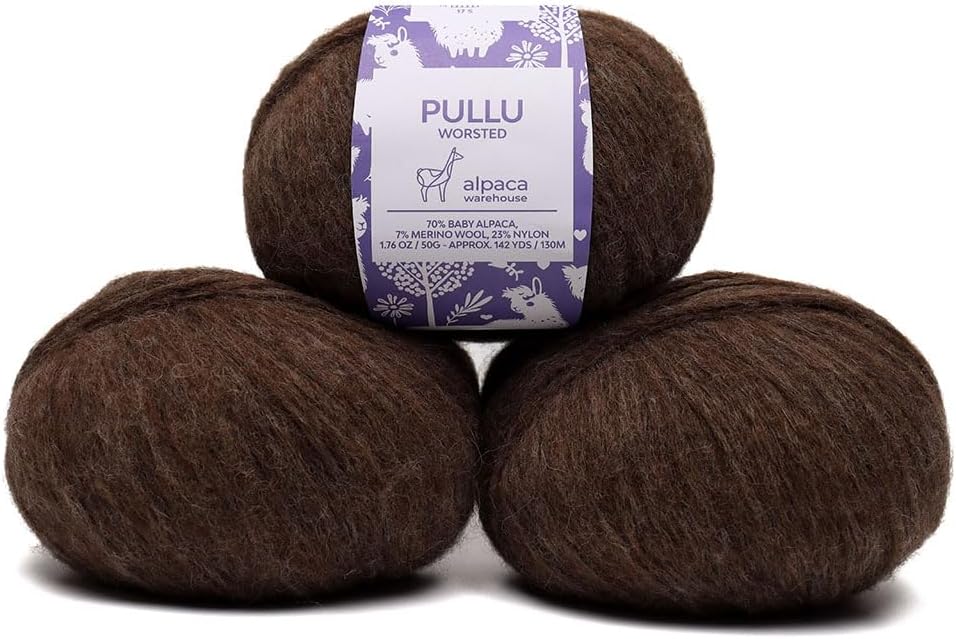 Pullu - Baby Alpaca Merino Wool Yarn Set of 3 Skeins (150 Grams) Worsted Weight - Sourced Directly from Peru - Heavenly Soft and Perfect for Knitting and Crocheting (Mocha)