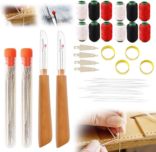 37PCS Sewing Tool Set, 2025 New Sewing Kit, Multi-Purpose Needle and Thread Kit for Leather Sewing DIY Handmade Craft Set, Large-Eye Stitching Needles Sewing Repair Kit for Beginners, Older (2 Set)