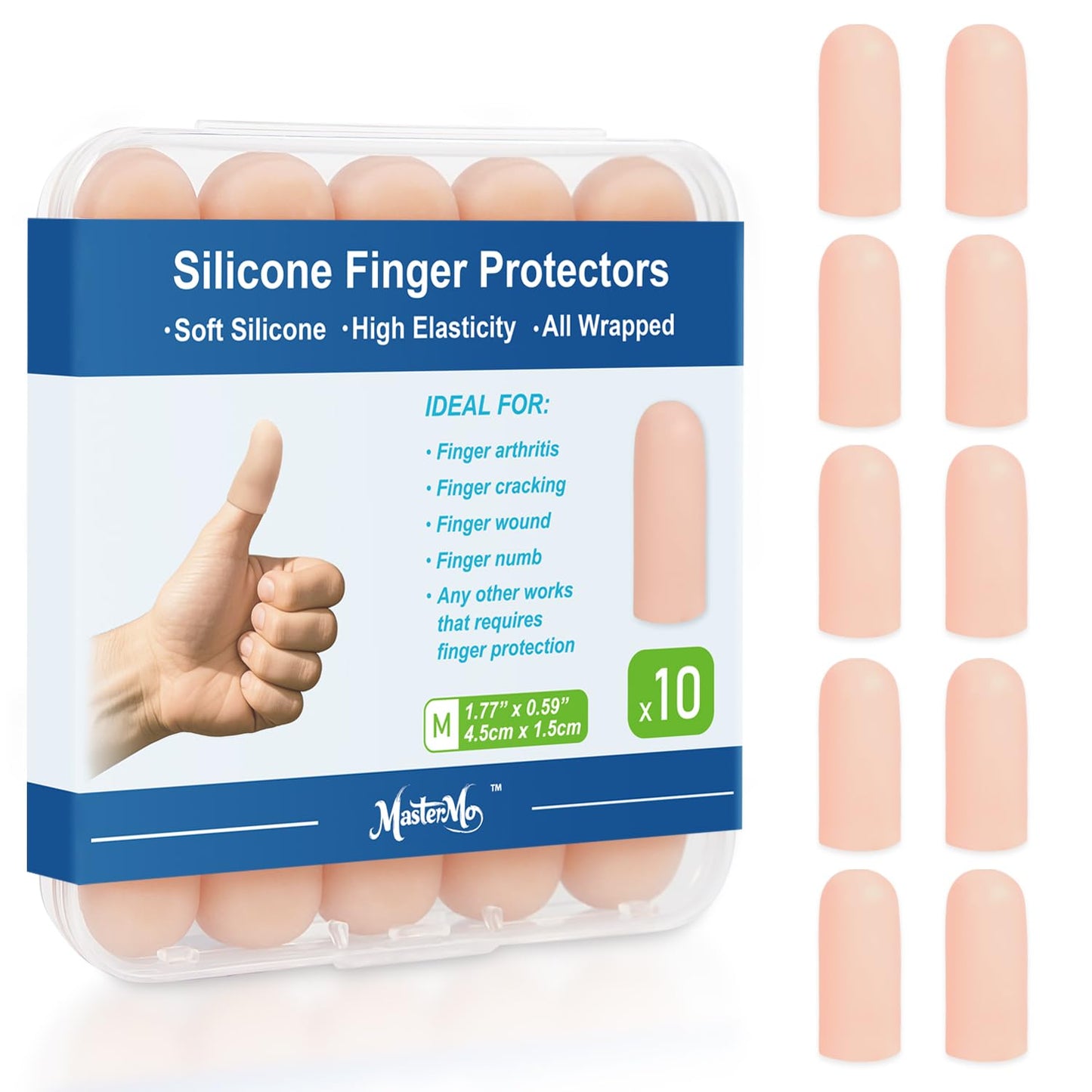 MasterMo Gel Finger Cots Protectors, Silicone Fingers Covers Bandages Caps Sleeves for Fingertip Thumb Protection, Ideal for Trigger, Arthritis, Cracking, Blisters, Callus, Hangnail & Pain Relief (Nude, M, 10PCS)