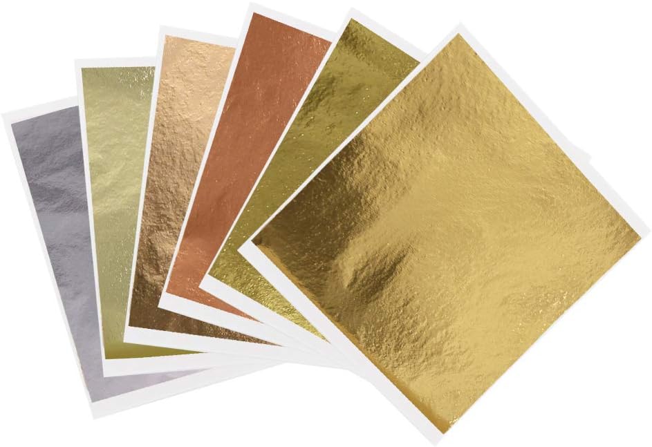 600Pcs KINNO Gold Leaf Sheets, Metal Leaf for Home, Wall, Frame, Ceiling, Furniture Decoration, 6 Colors 3.15 by 3.35 Inch