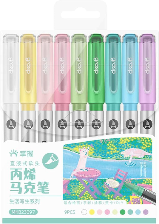 9 Color Acrylic Paint Markers, Brush Tip Acrylic Paint Pens With Visual Ink Window, Fabric Paint Markers for Clothes, Textile - High Coverage on Wood, Glass, Rock - DIY Art Supplies for Kids, Adults