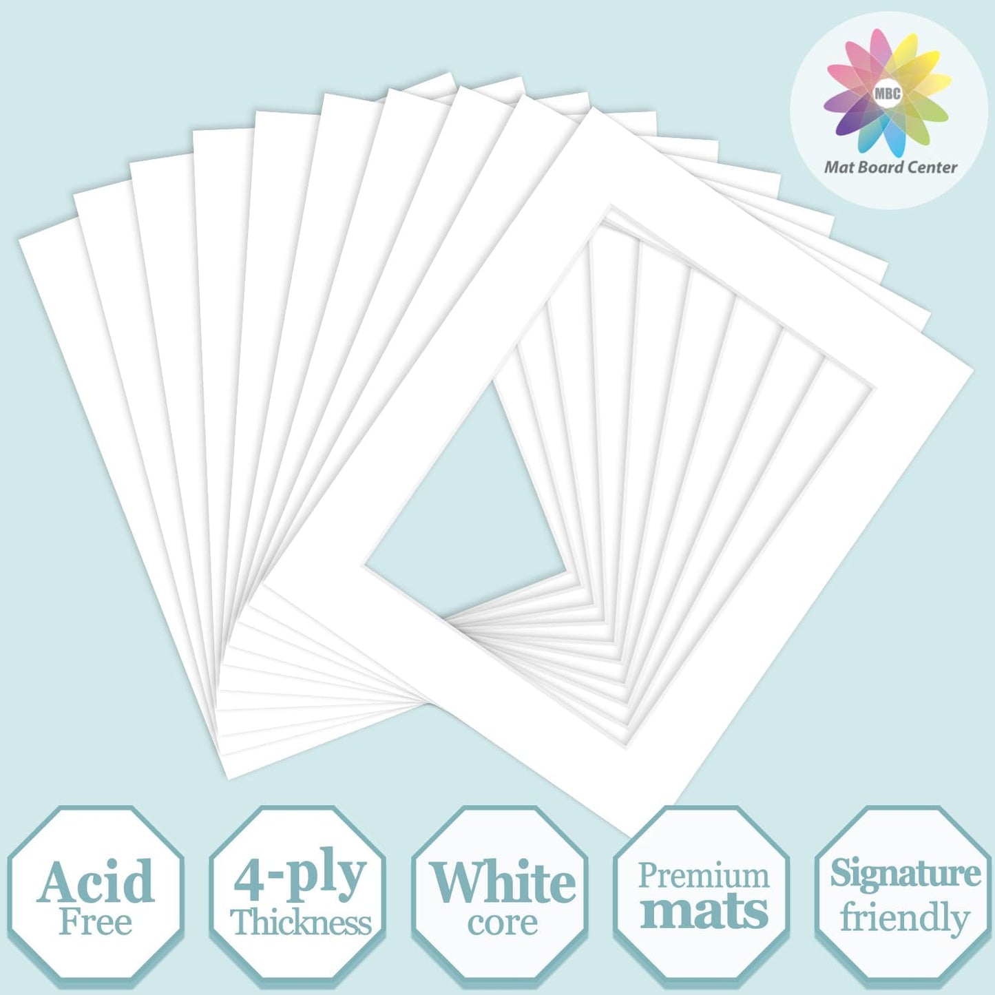 MBC Mat Board Center, 10 Pack 8x10 for 6x8 White Picture Mats Frame Mattes, Bevel Cut, Acid Free, 4-ply Thickness