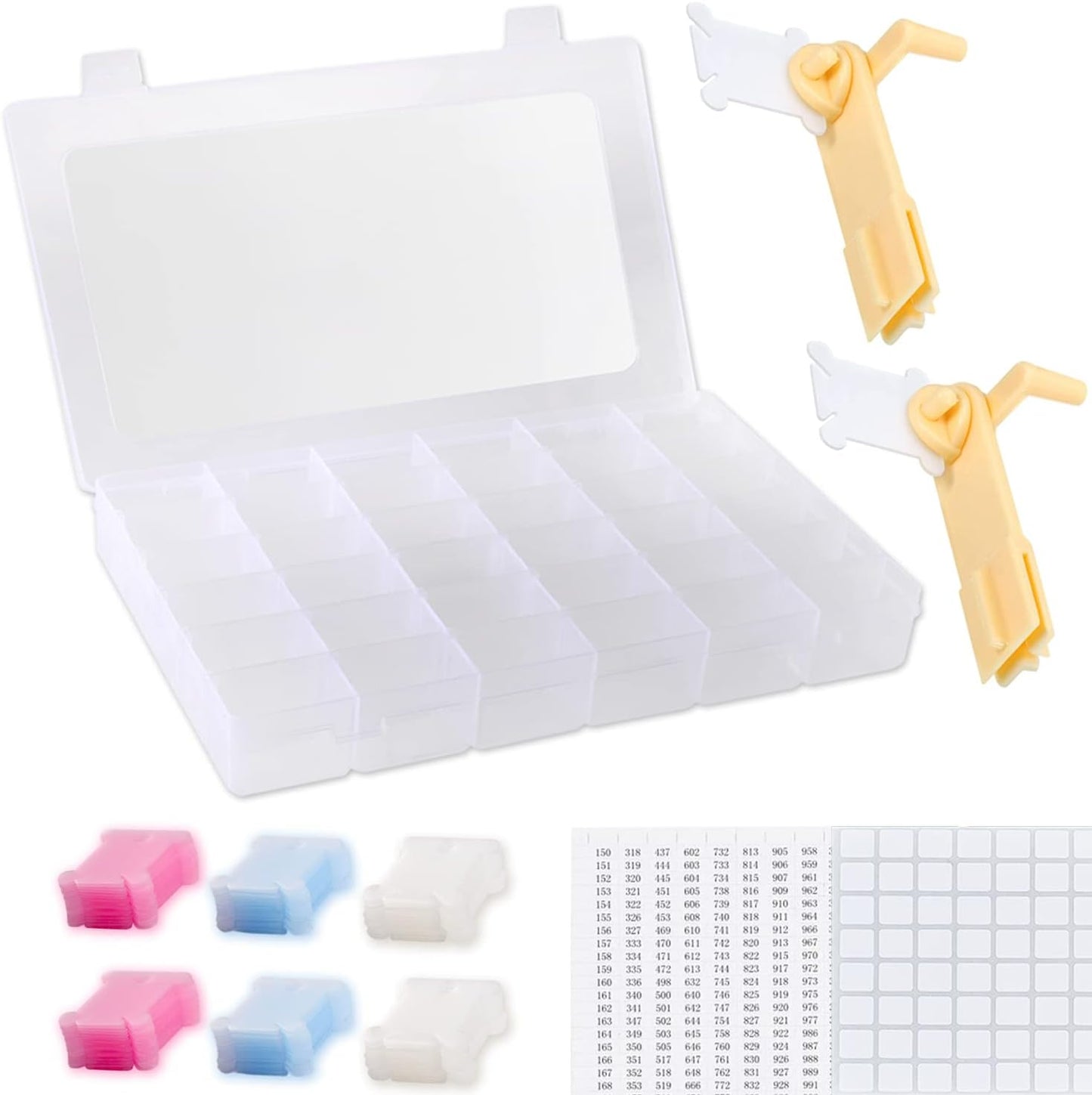 Epesl Embroidery Floss Organizer Box Tools - Bobbin Winder, 1 Removable 36 Compartments with 120 Floss Bobbins and Stickers for Craft DIY Cross Stitch Thread Sewing Bead Jewelry Diamonds Storage