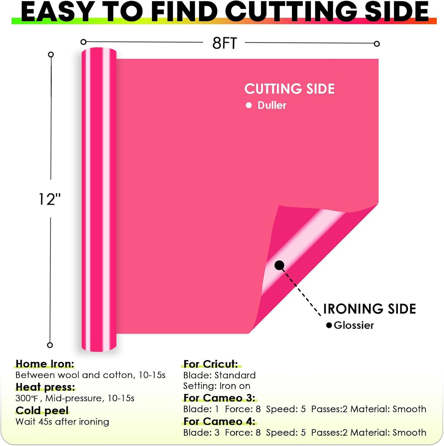 HTVRONT HTV Vinyl Rolls Heat Transfer Vinyl - 12" x 8ft Neon Yellow HTV Vinyl for Shirts, Iron on Vinyl for All Cutter Machine - Easy to Cut & Weed for Heat Transfer Design (Neon Yellow)