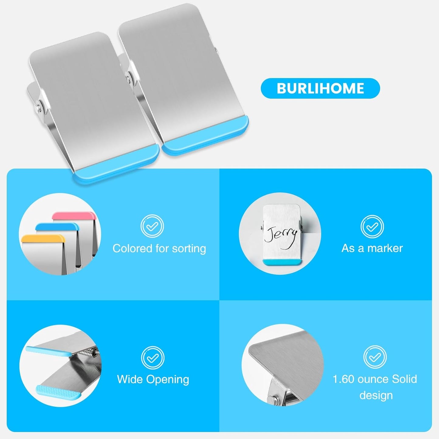 Bag Clips for Food, 6 Pack Metal Chip Clips with Colored Silicone, Heavy Duty Chip Clip with Air Tight Seal, Stainless Steel Clamp for Kitchen, Office, Tool Room