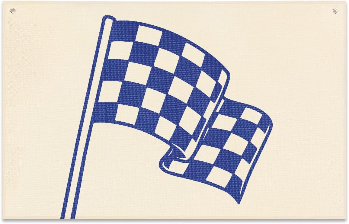 Boy Room Decor,Playroom Decor,Little Racer Dude Race Car Room Canvas Banner,Buffalo Plaid Racing Flag Hanging Flag Banner Perfect for Kids Nursery and Playroom Wall Decor,Racing Enthusiast Gifts