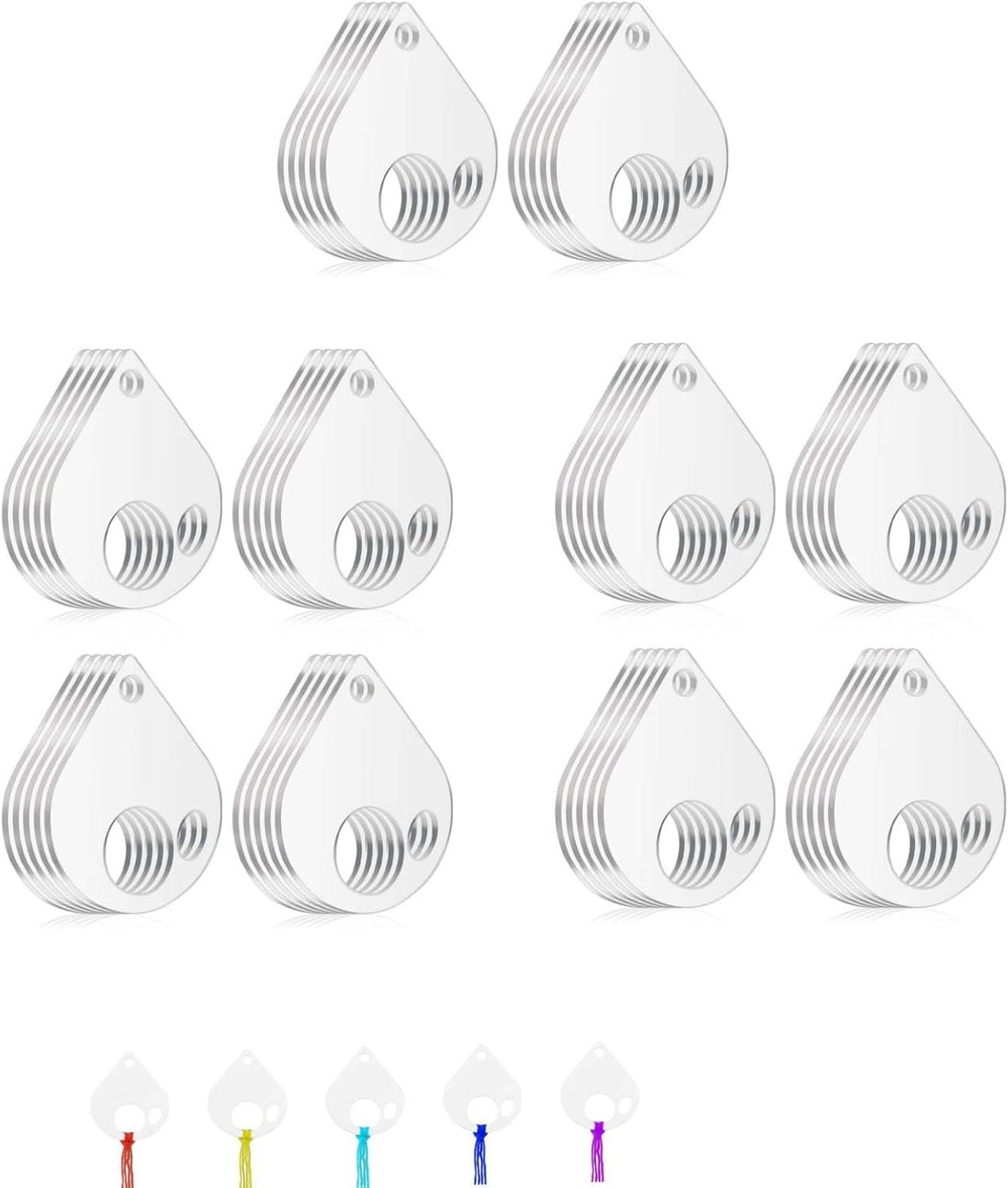 50Pcs Acrylic Embroidery Floss Organizer with 1Pc Hinged Ring, 50x43x2.5mm Slim Thread Bobbins for DIY Sewing & Craft Projects (Teardrop)