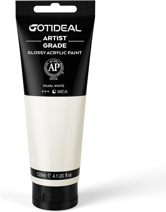GOTIDEAL Metallic Acrylic Paint Pearl White Tubes(120ml, 4.1 oz) Non Toxic Non Fading,Rich Pigments for Painters, Adults & Kids, Ideal for Canvas Wood Clay Fabric Ceramic Craft Supplies (Pearl White)