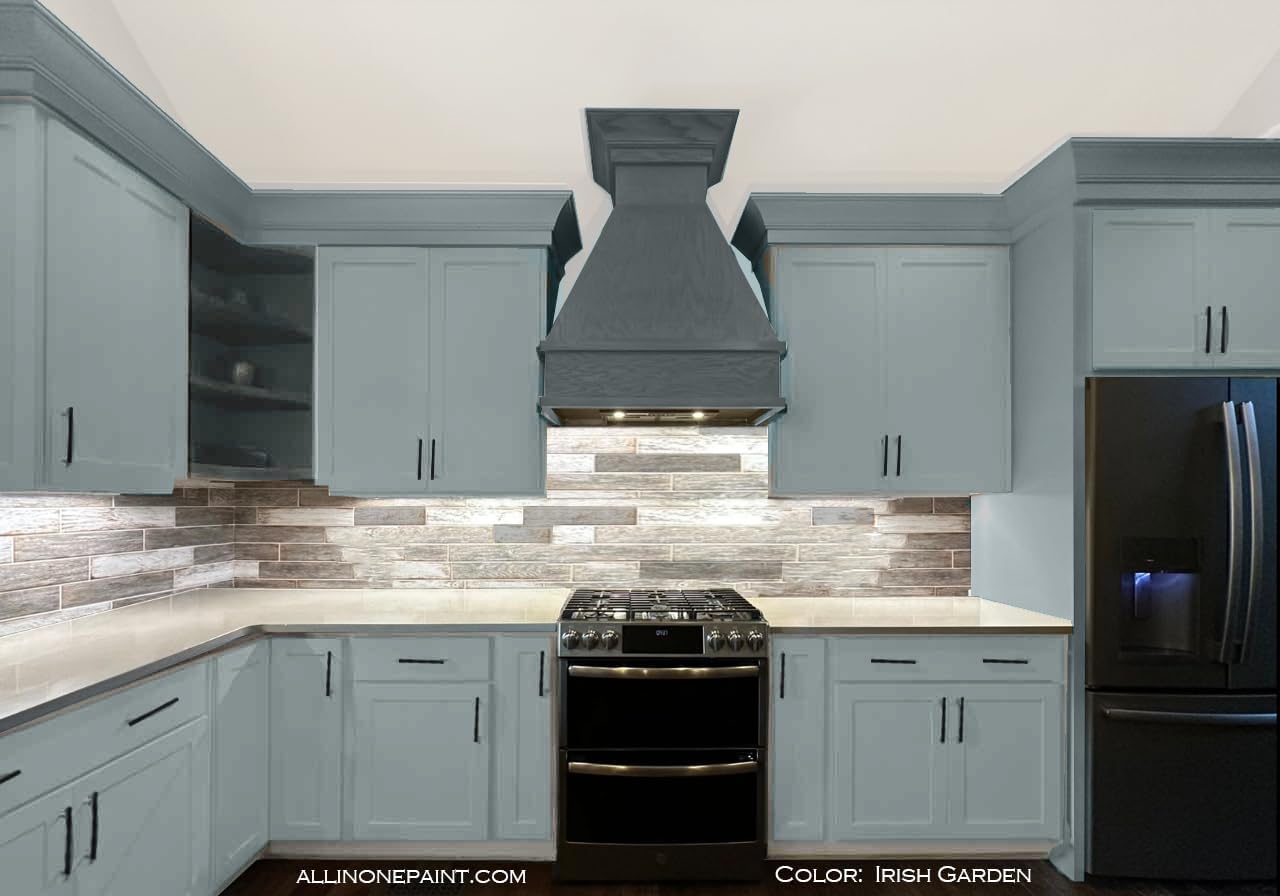 ALL-IN-ONE Paint, Durable cabinet and furniture paint. Built in primer and top coat, no sanding needed. Includes our 30 featured color card - Irish Garden (blue green), Gallon