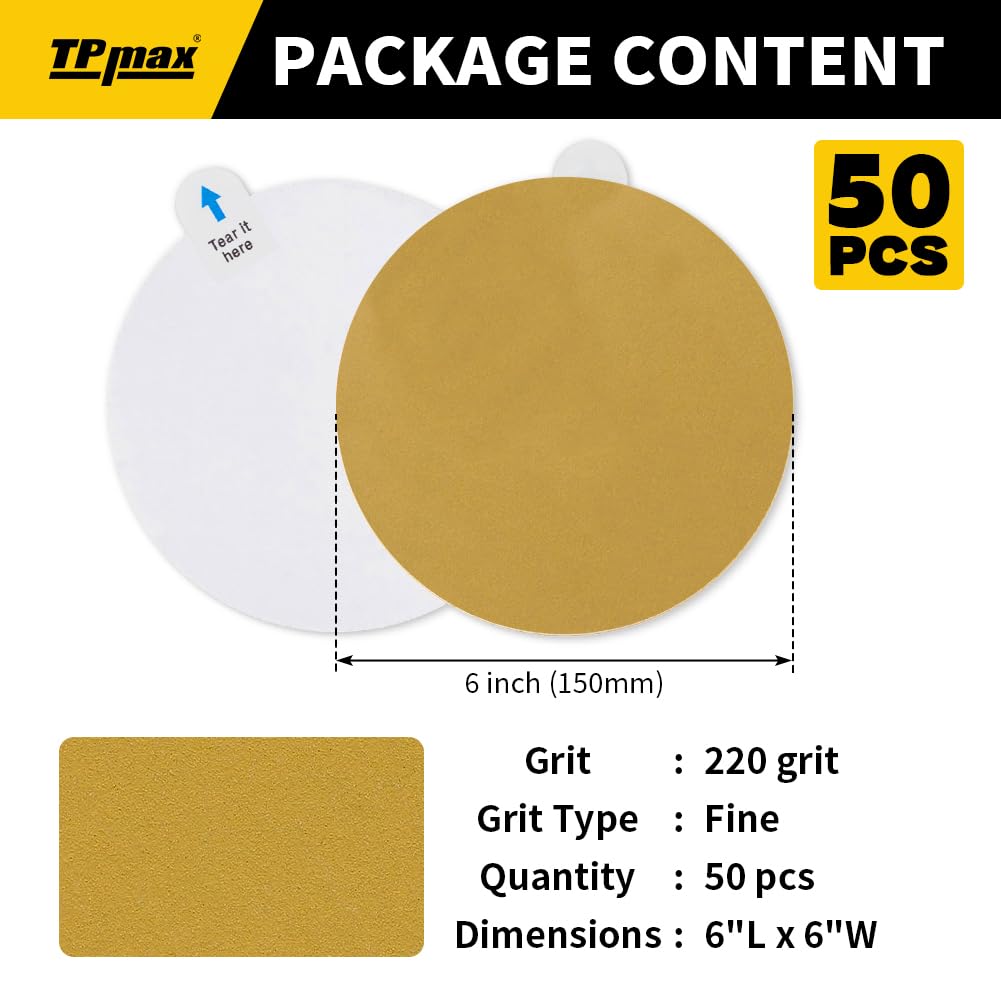 6-Inch 220-Grit Gold PSA Sanding Discs, 50 Pack – Pro-Grade Self-Adhesive Stickyback Sandpaper with Quick-Release Tabs for DA Sander, Fine Automotive/Wood/Metal Sanding