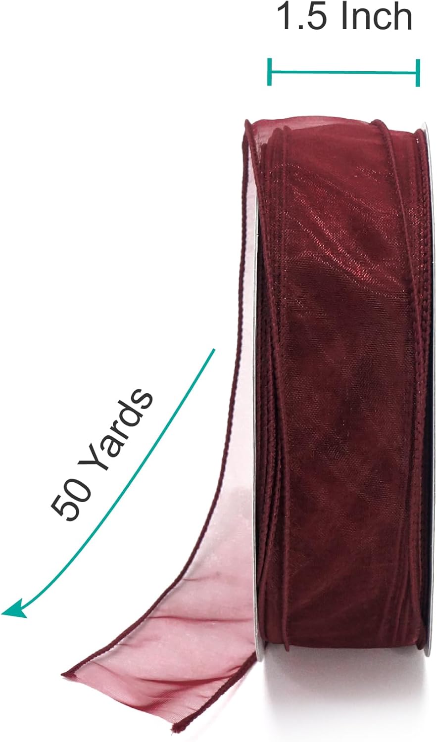 CT CRAFT LLC Sheer Organza Wired Ribbon 1.5" x 50Yards Burgundy for Wedding Chair Bow Flora Bouquet Gift Wrapping Christmas Tree Home Decor Wreath