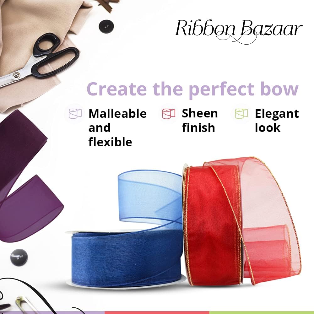 Ribbon Bazaar Sheer Organza Wired Ribbon - 100% Polyester Wire Edged Ribbon for Floral Decor, Table Arrangements, Apparel Embellishment & More - 1-1/2" Turquoise 25yd