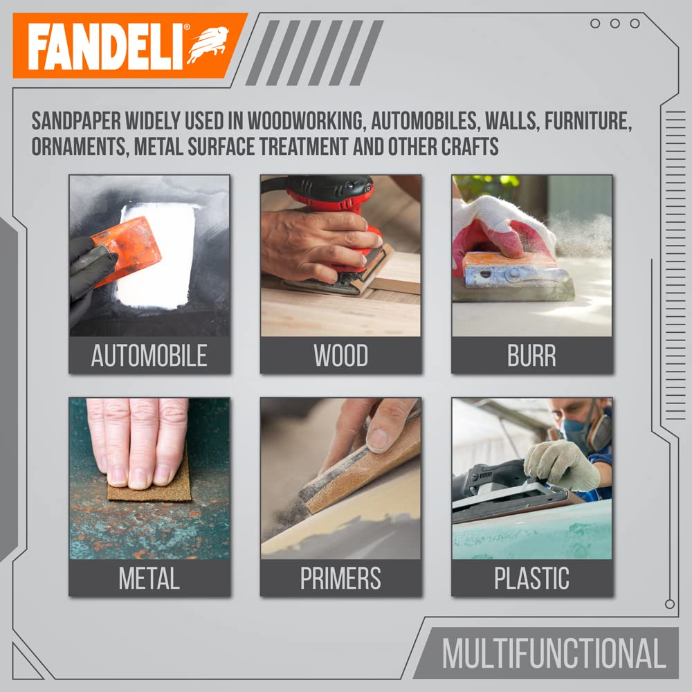 Fandeli | Multi-Purpose Sandpaper | 220 Grit Aluminum Oxide | 75 Sheets of 9'' x 11'' | Ideal for Metal and Wood | Compatible with Orbital Sanders, Brown