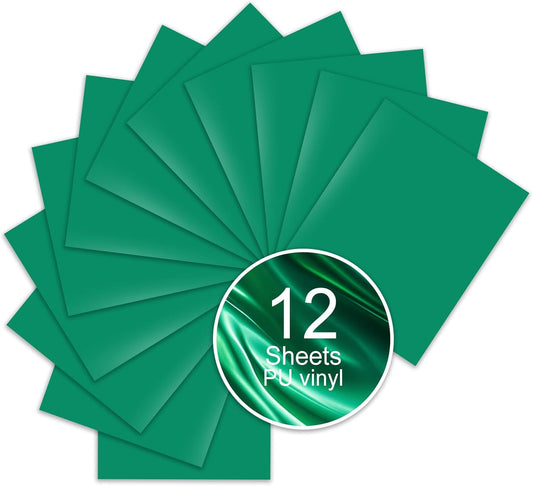 Green PU Heat Transfer Vinyl, 12 Pcs 12"x10" HTV Sheets – Soft & Stretchable Iron-On Vinyl, Easy to Cut & Weed, Compatible with Cricut & Silhouette – Great for DIY Family Shirts & Crafts