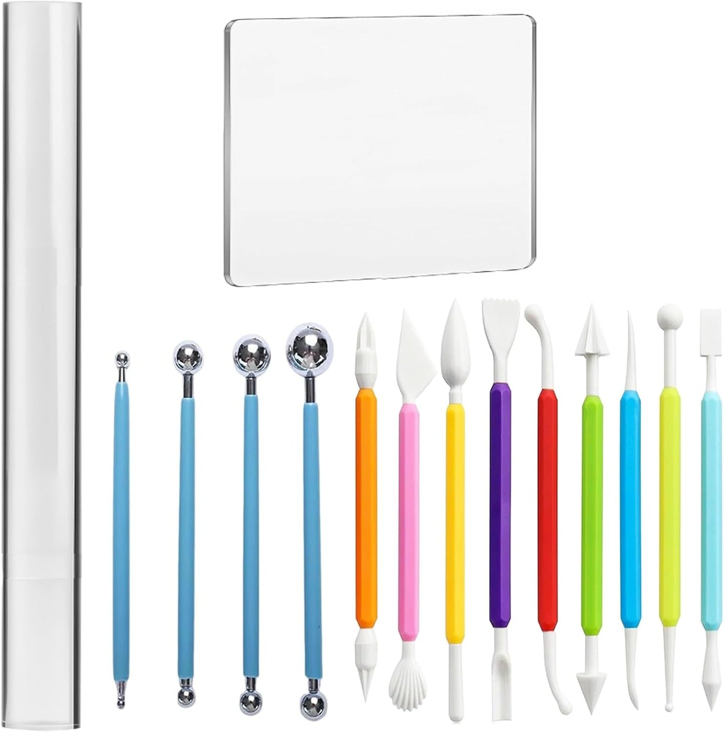 15 PCS Basic Polymer Clay Tools, Dotting Tools, Clay Sculpting Tools Acrylic Roller Pin, Clear Rectangle Sheet Press Board, Double-Ended Pottery Carving Set for Beginner