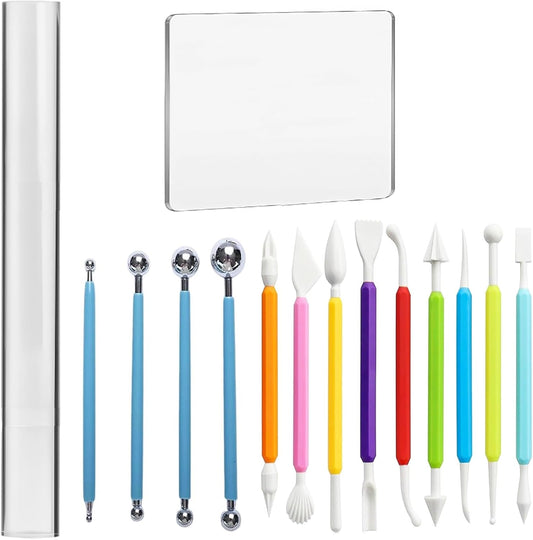 15 PCS Basic Polymer Clay Tools, Dotting Tools, Clay Sculpting Tools Acrylic Roller Pin, Clear Rectangle Sheet Press Board, Double-Ended Pottery Carving Set for Beginner