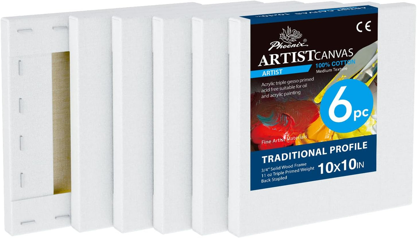 PHOENIX 10x10 Inch 6 Pack Artist Canvas - Square Stretched Canvases for Painting - 3/4 Inch Profile, 100% Cotton 11 Oz. Gesso Primed White Blank Professional Canvas Oil & Acrylic Paints