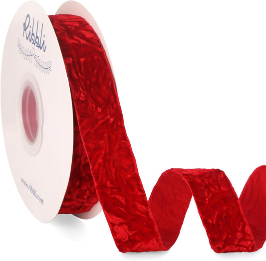 Ribbli Red Velvet Ribbon 1 Inches Luxury Crinkled Red Christmas Ribbon for Gift Wrapping Crafts Home Decor-Continuous 10 Yard