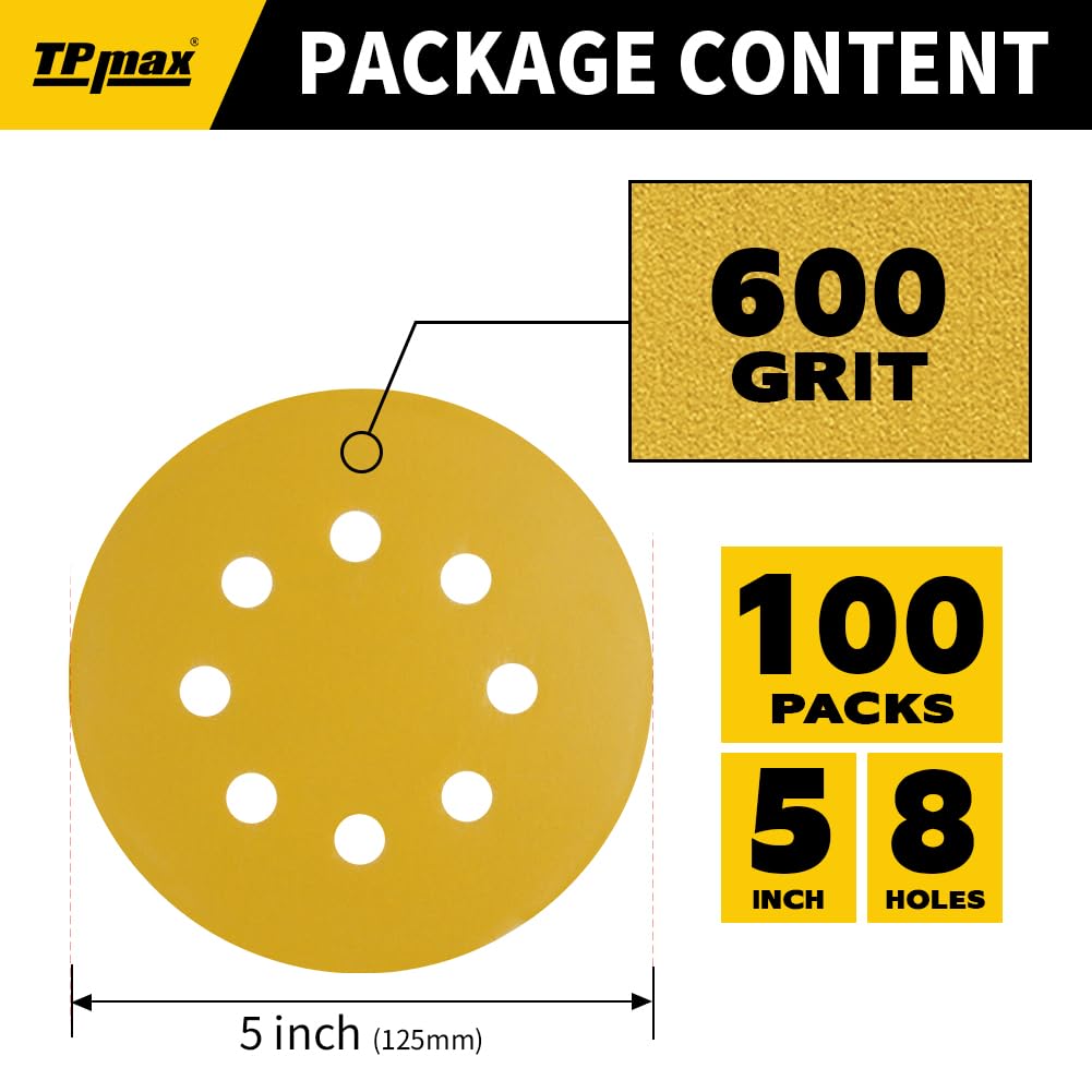 100PCS 5 Inch 600 Grit 125mm 8 Hole Sanding Discs Sandpaper - Premium Gold Round Hook and Loop for Random Orbital Sander - Ideal for Wood, Metal, Automotive