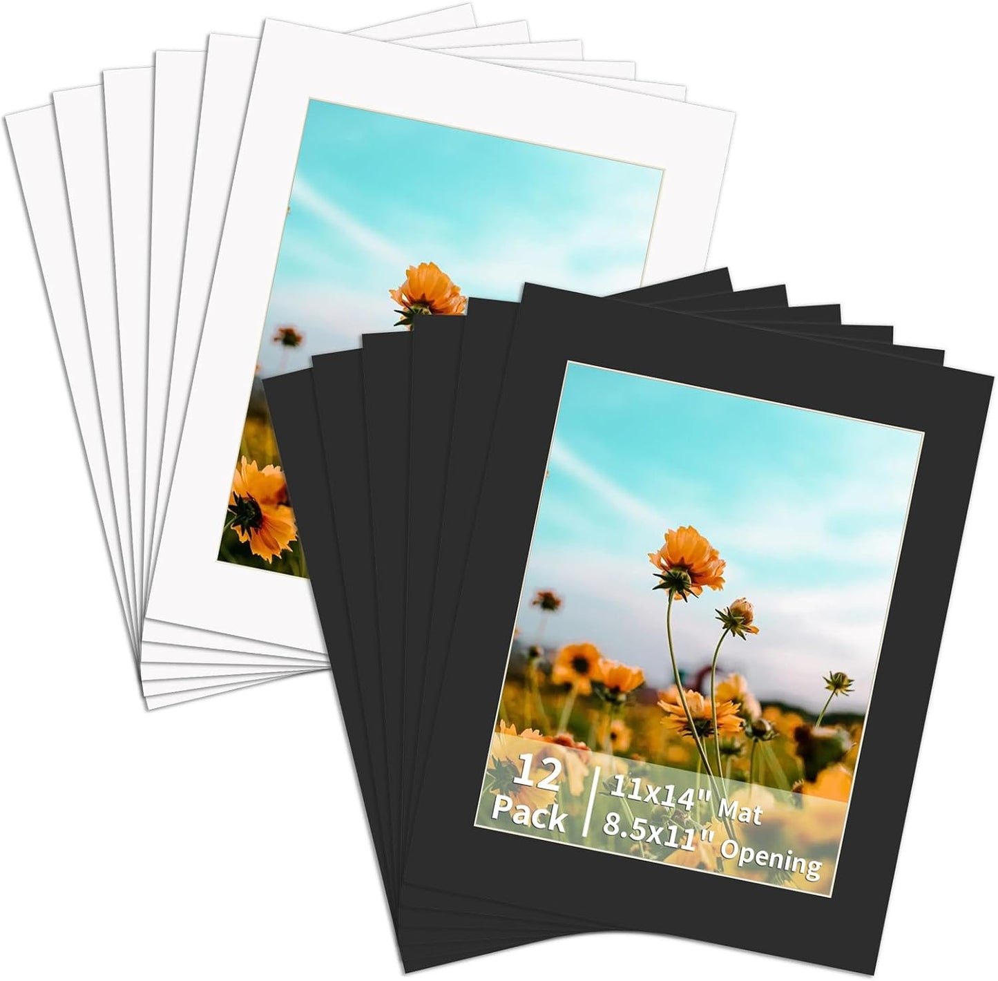 ZBEIVAN 12 Packs White and Black Colors 11x14 Picture Frame Mats for 8.5x11 Photos, Artworks and Prints, White Core Bevel Cut Frame Mattes