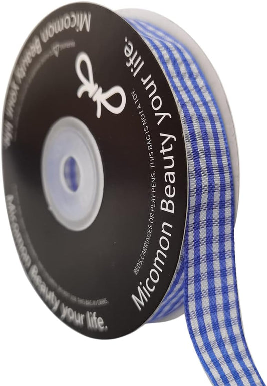 Blue and White Woven Edge Plaid Ribbon 100% Polyester Gingham Ribbon 25 Yards Each Roll (5/8", Blue)