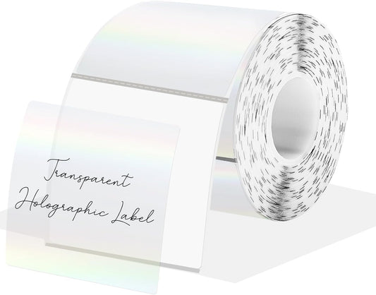 2 Inch Square Transparent Thermal Label Stickers, Holographic Clear Self-Adhesive Direct Thermal Labels, Perforation Line Design& Waterproof- 200 Sheets