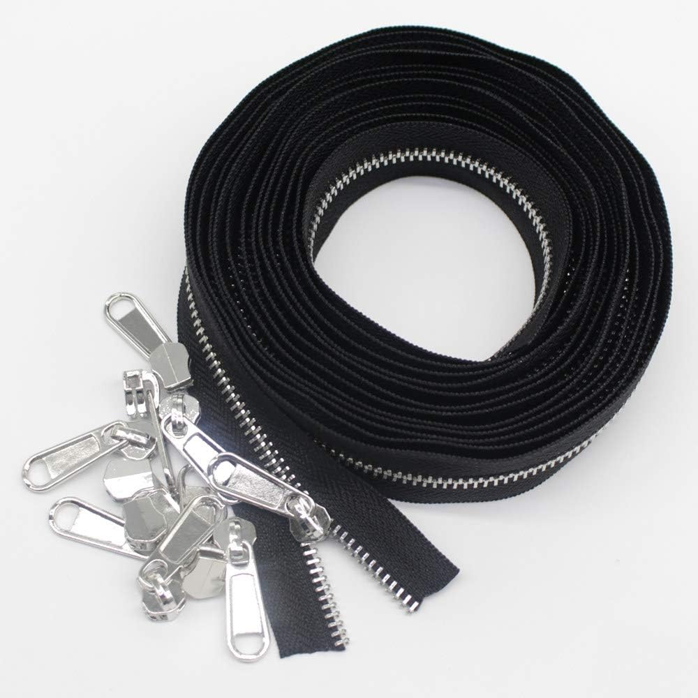 YaHoGa #5 Metal Zippers by The Yard Bulk 4 Yards + 10 pcs Sliders for Bags DIY Sewing Tailor Crafts (Silver Teeth)
