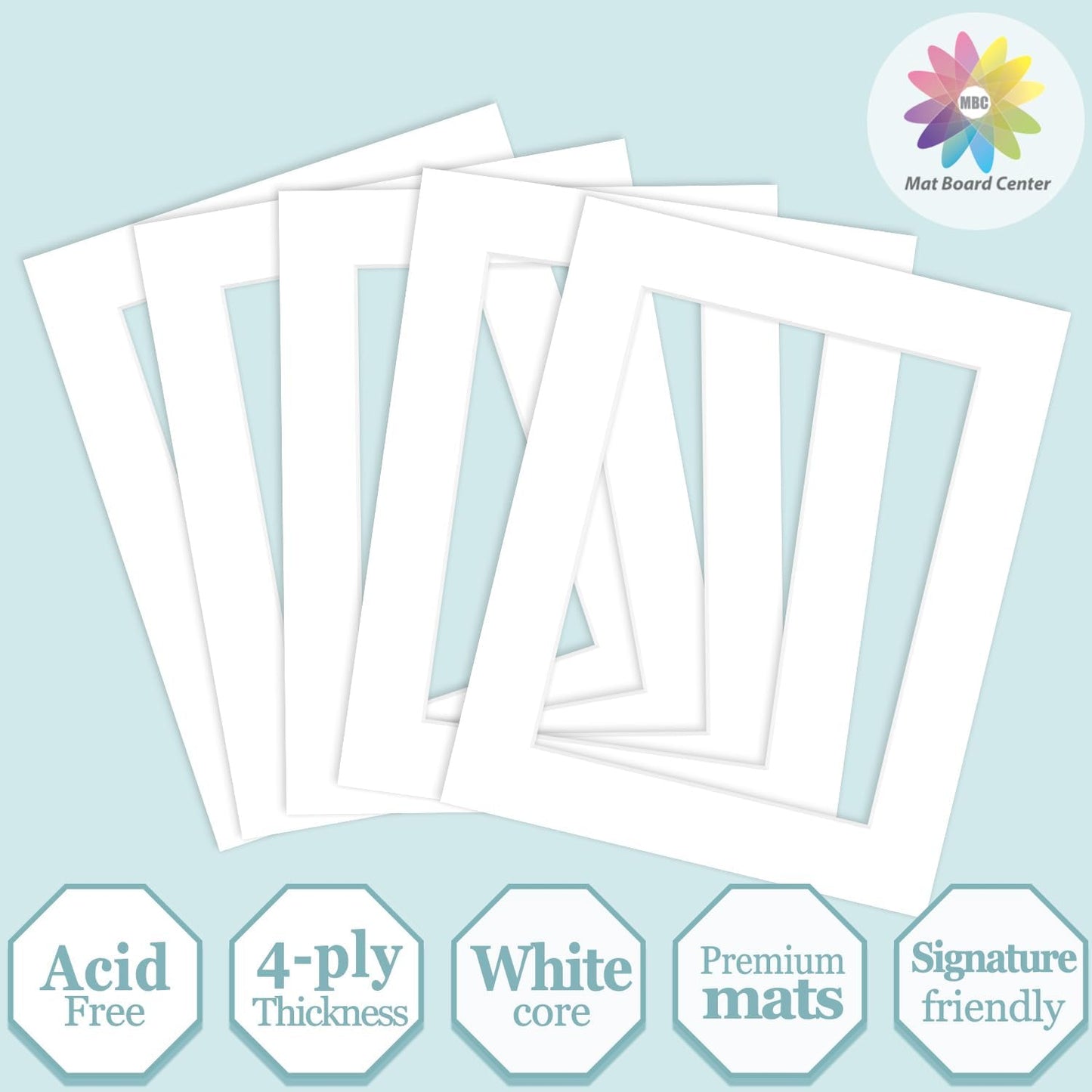 MBC Mat Board Center, 5 Pack 8x10 for 6x8 White Picture Mats Frame Mattes, Bevel Cut, Acid Free, 4-ply Thickness