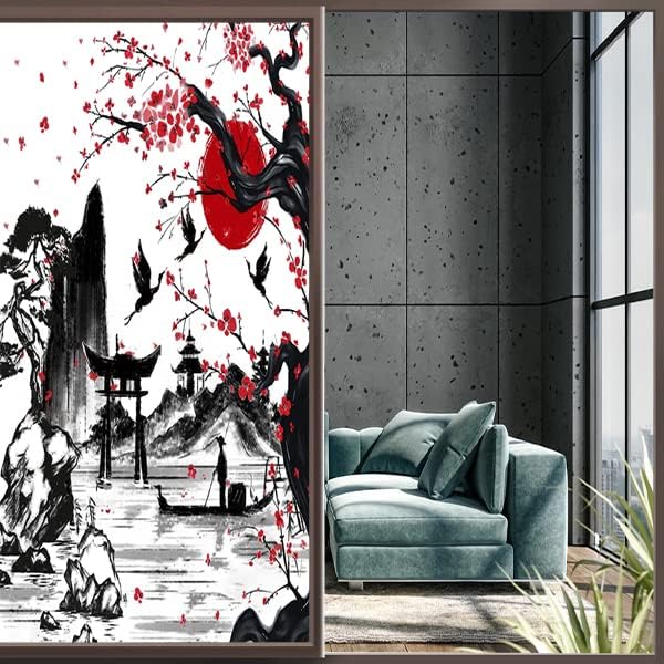 Vintage Japanese Style Decorative Window Film Abstract Ink Japanese Landscape Torii Gatekids Blackout Window Film,Cafe Lighted Window Film 23.6Wx78.7L-Inch X1Pcs