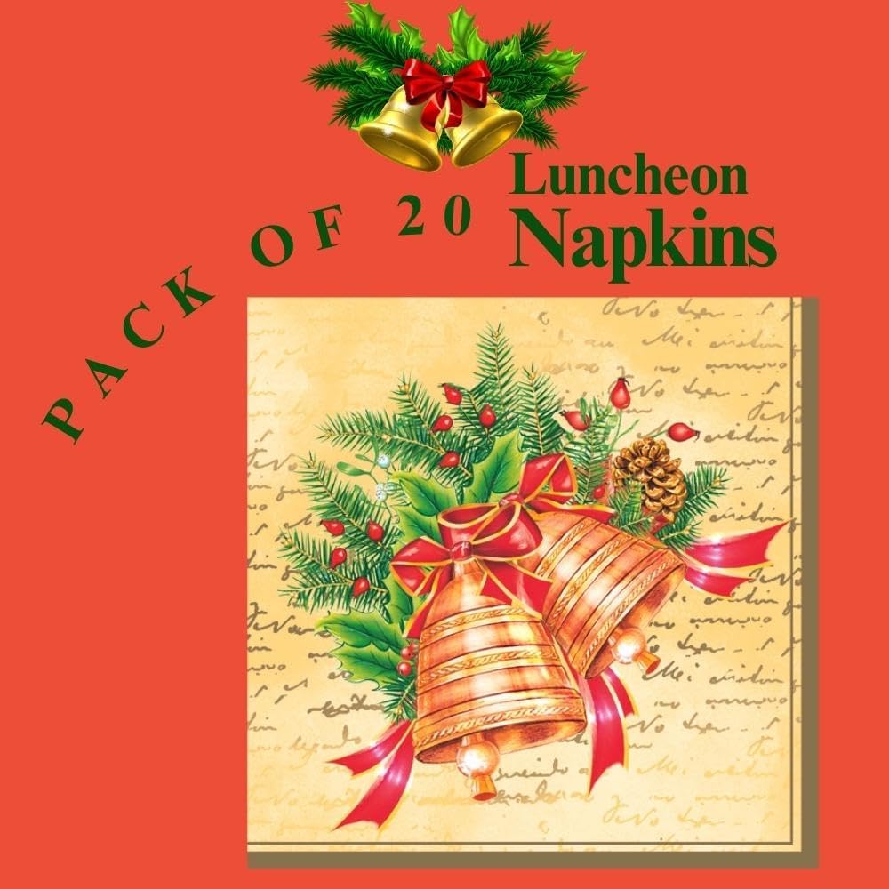 20-ct 13x13 Christmas Paper Decoupage Napkins, 3-Ply Servilletas Tissue Napkin for Dinner and Parties, Disposable Napkins (Bell)