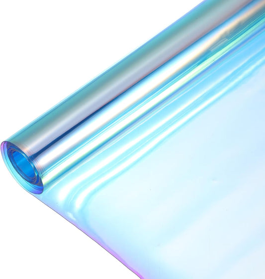 MECCANIXITY Holographic Clear PVC Vinyl Film Holographic PVC Fabric Waterproof Dichroic Film 12 x 48 Inch for Handbags Bows Earrings DIY Craft,Laser Cyan