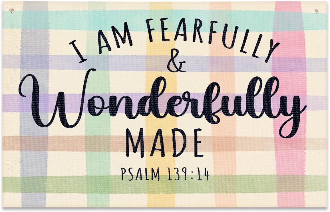 Fearfully and Wonderfully Made Bible Verses Wall Decor Kids Room Decor Canvas Banner, Canvas Decoration for Classroom, Nursery, Kids Room for Boys and Girls