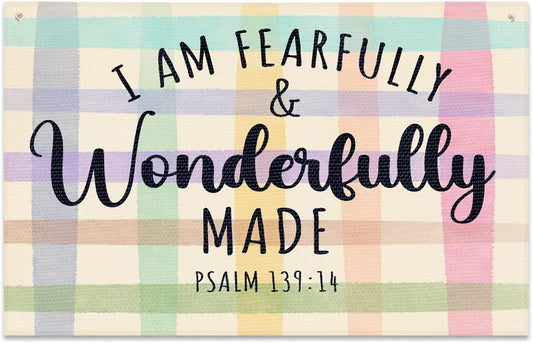 Fearfully and Wonderfully Made Bible Verses Wall Decor Kids Room Decor Canvas Banner, Canvas Decoration for Classroom, Nursery, Kids Room for Boys and Girls
