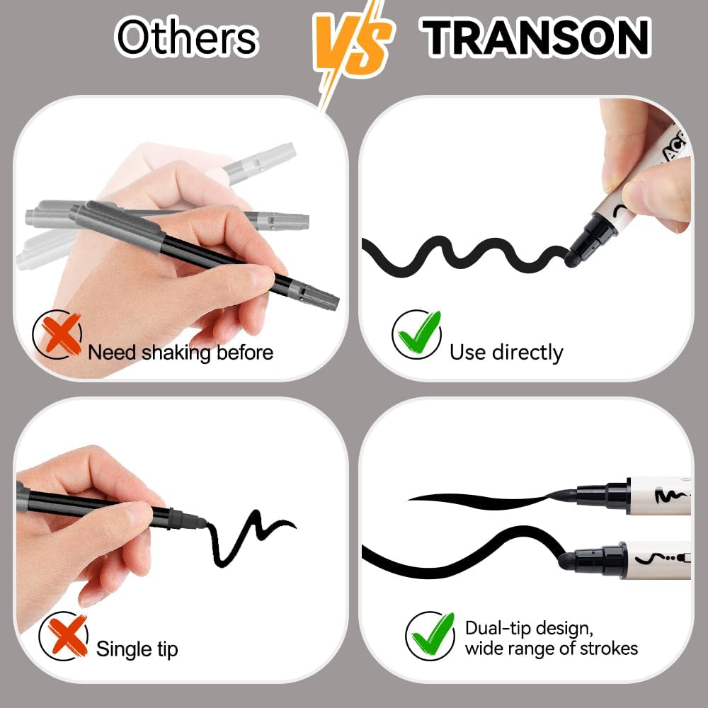 TRANSON 4 Black and 4 White Paint Markers Brush and Bold Dual-tip Acrylic Paint Marker Set for Rock Painting Glass Canvas Wood Leather Ceramic Painting